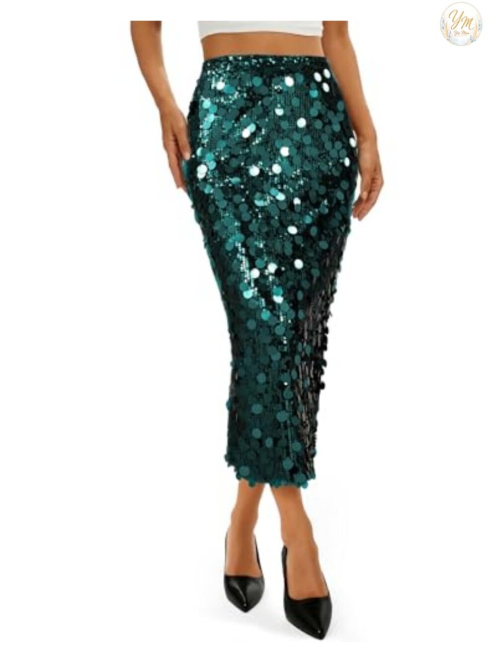Sequin Midi Skirt High Waist Side Slit Stretchy Sparkle Night Out